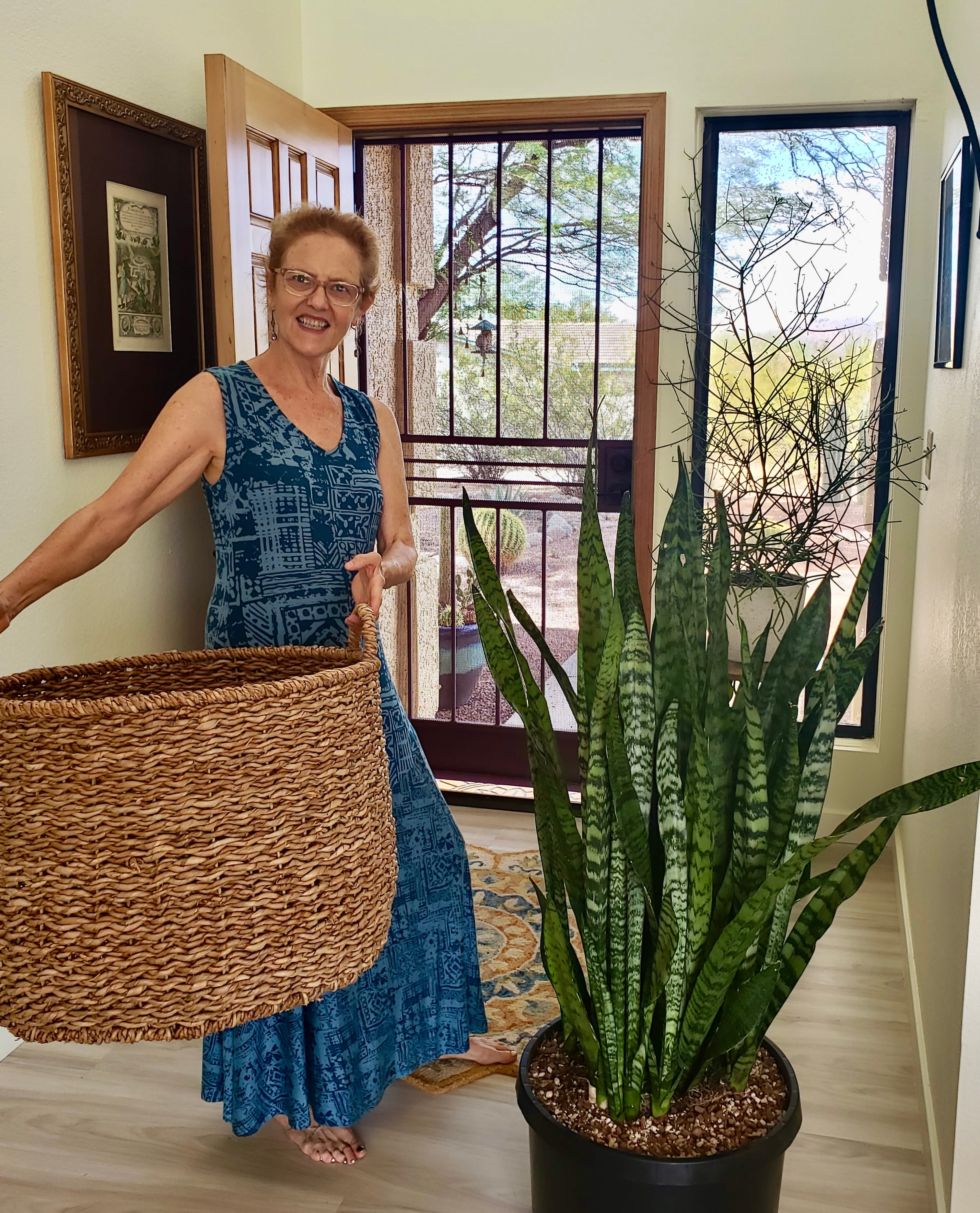 Hand Woven Soft Planter Basket, Natural Stripe