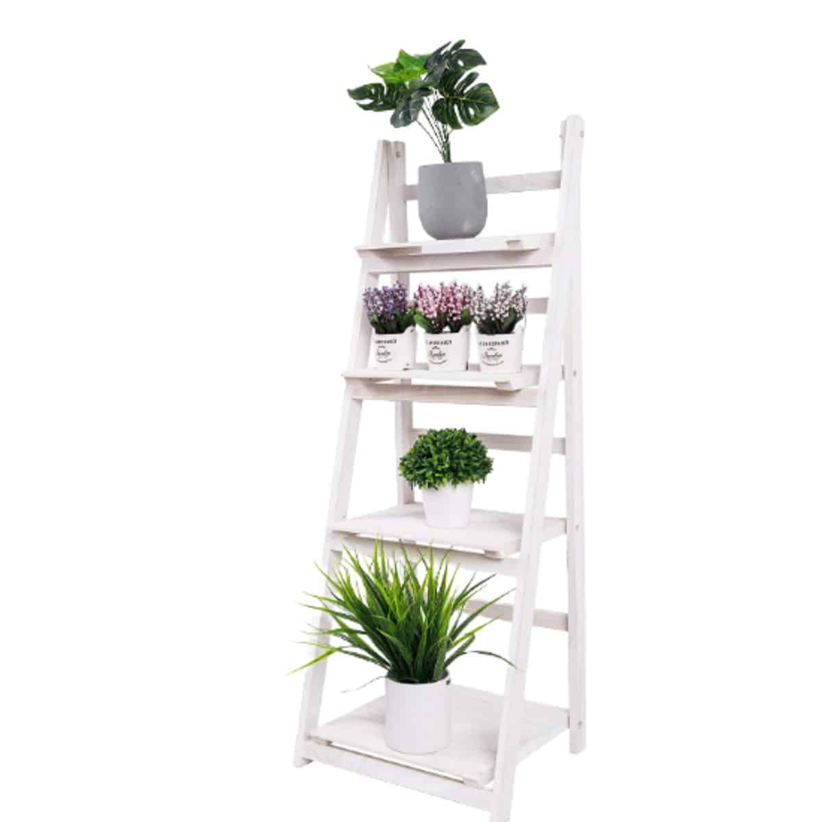 ladder style indoor plant stand with multiple plant shelves and displayed with a variety of plants from Amazon