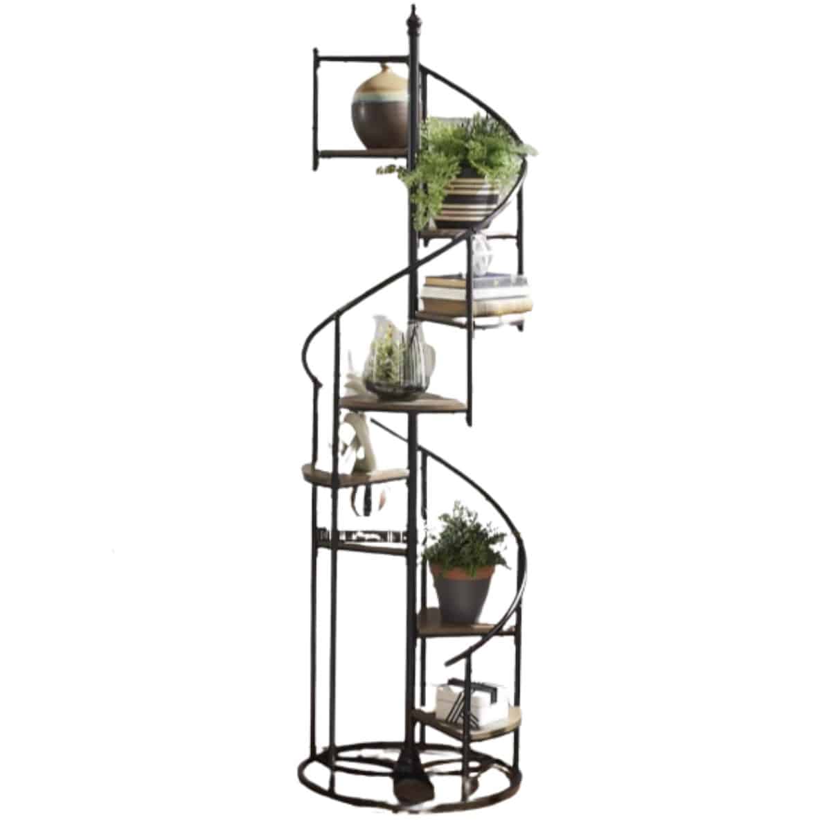 plant stand in a spiral staircase style with multiple plant shelves and displayed with a variety of plants from Wayfair