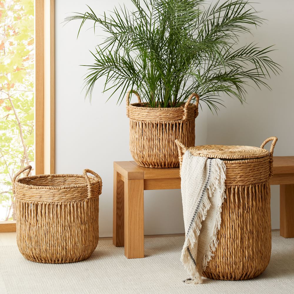3 vertical lines seagrass baskets with handles in natural tan available to buy at west elm