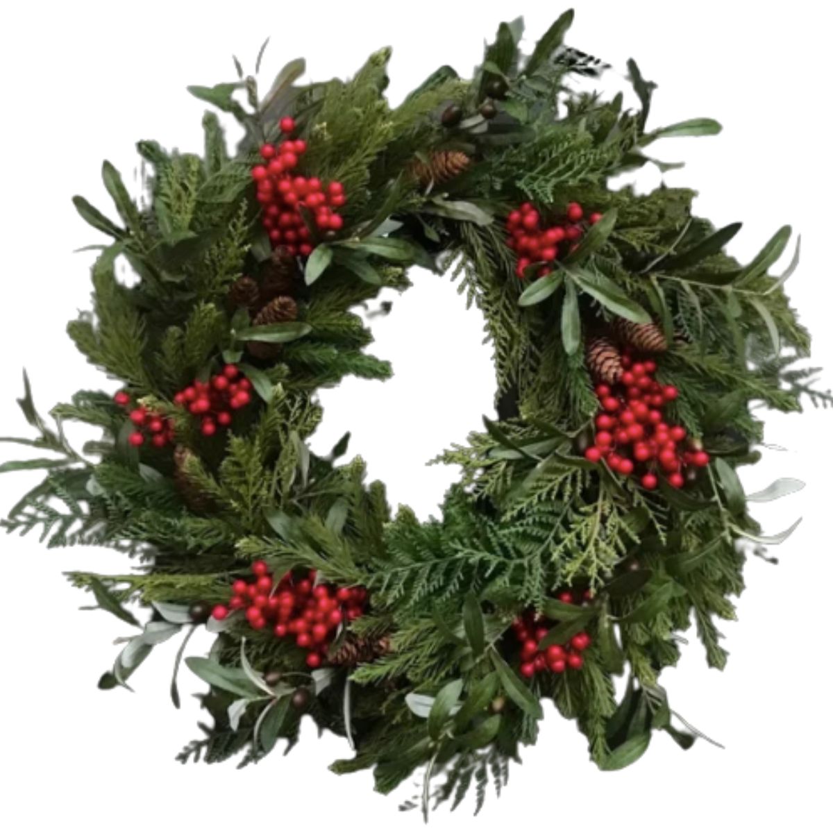 artificial  wreath using evergreens, pine, olive branches, and red berries from etsy