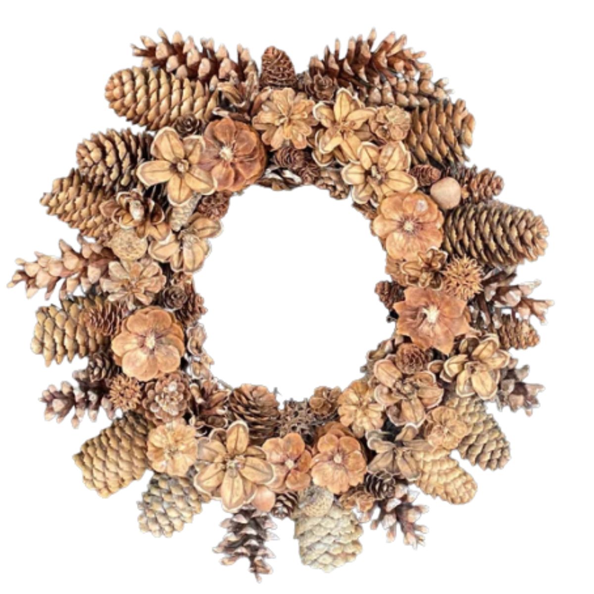 natural pinecone, acorn, and sweet gum seeds wreath from etsy