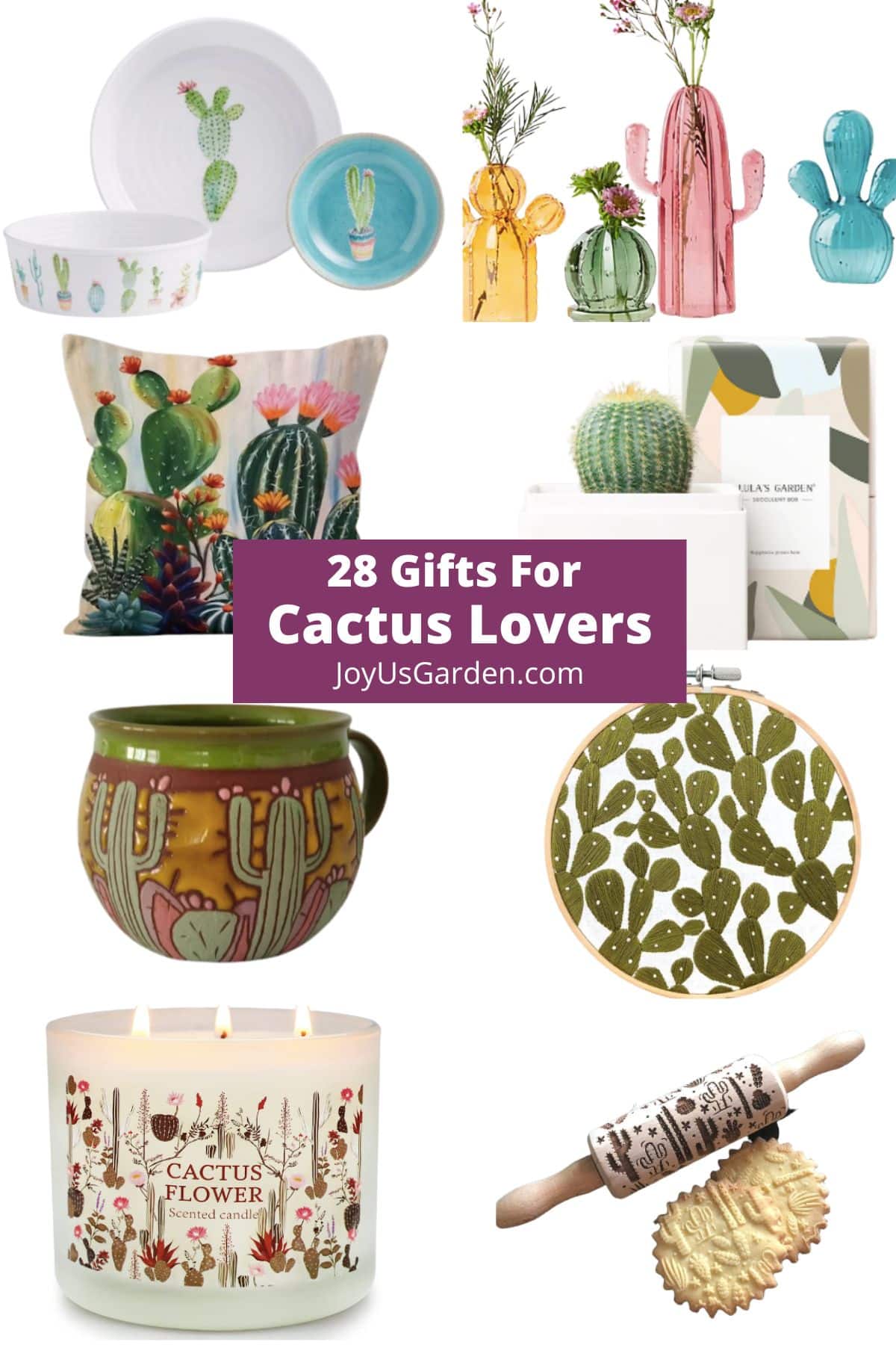 collage of eight cactus themed gifts text reads 28 gift for cactus loves joyusgarden.com