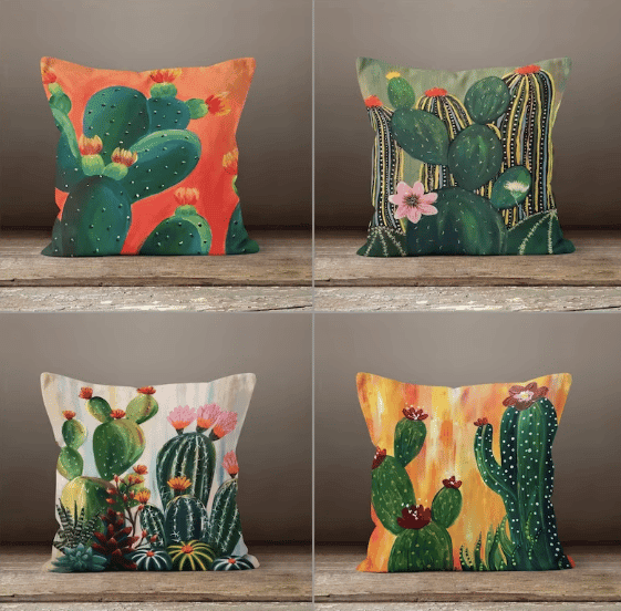 four cactus themed throw pillows  from etsy