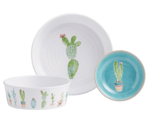 illustrated cactus design melamine dish set 2 plates and a bowl for dogs or cats from world market