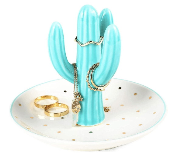 cactus jewelry holder blueish turquoise cactus and white polka dot bowl from amazon