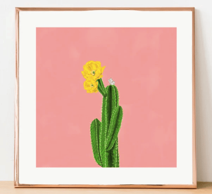 Blooming Cactus Art Print, pink background and yellow bloom from etsy