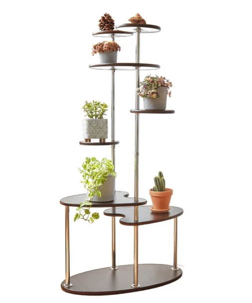 6 tiered modern plant stand shown with a variety plants from etsy