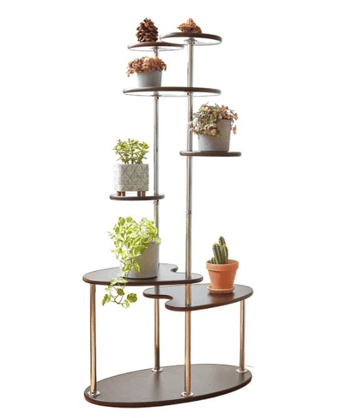 6 tiered modern plant stand shown with a variety plants from etsy