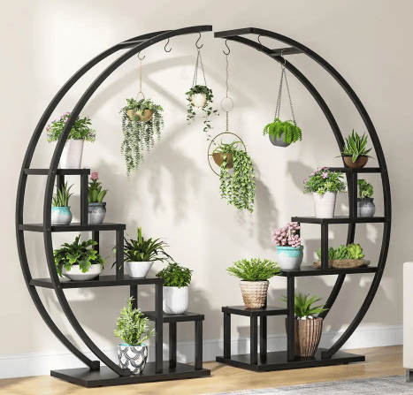 two curved plant stand with a variety of plants shown from the home depot