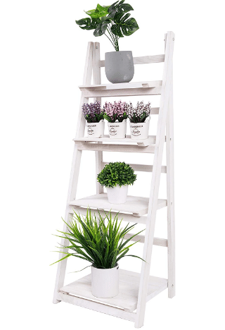 four tier ladder plant stand with a variety of plants shown from Amazon