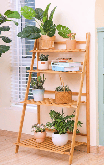bamboo plant stand ladder with a variety of plants shown from Amazon