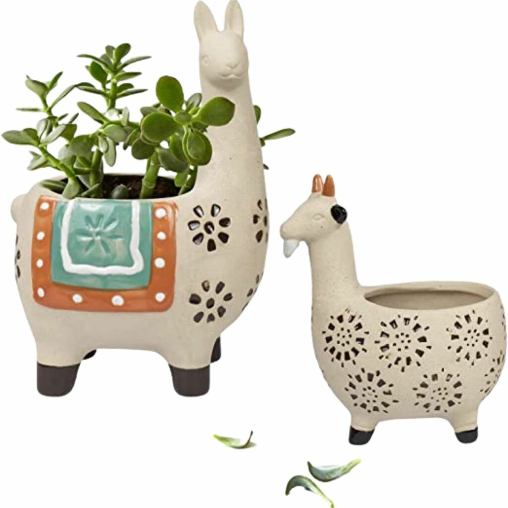 two alpaca llama planter pots with succulents planted inside from amazon
