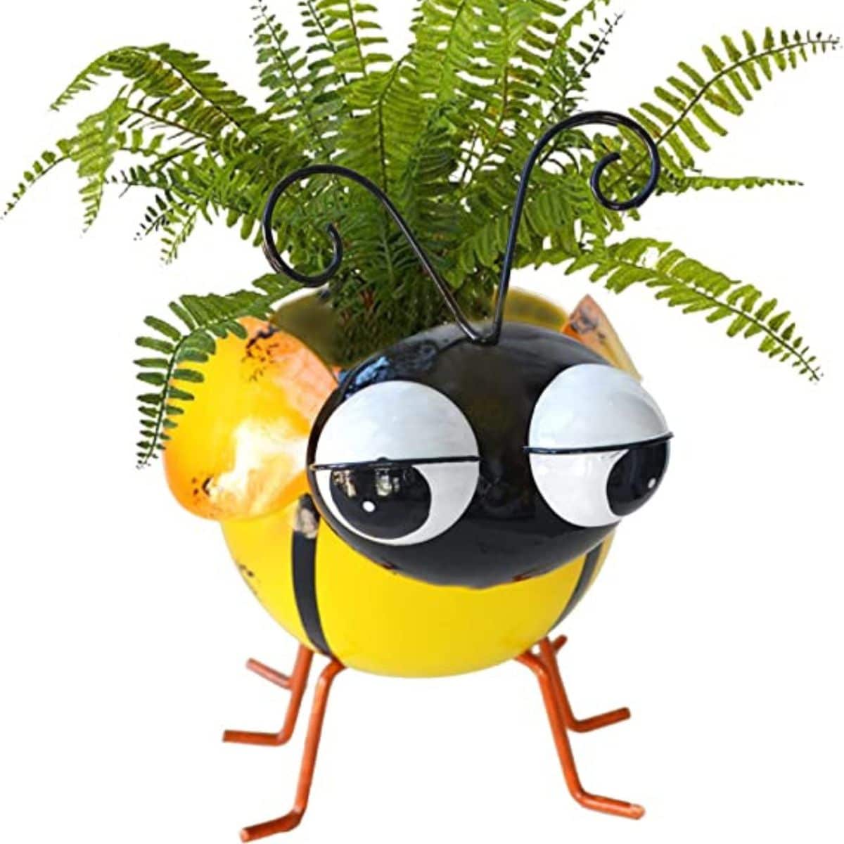 bumble bee metal plant container with indoor plant planted inside from amazon