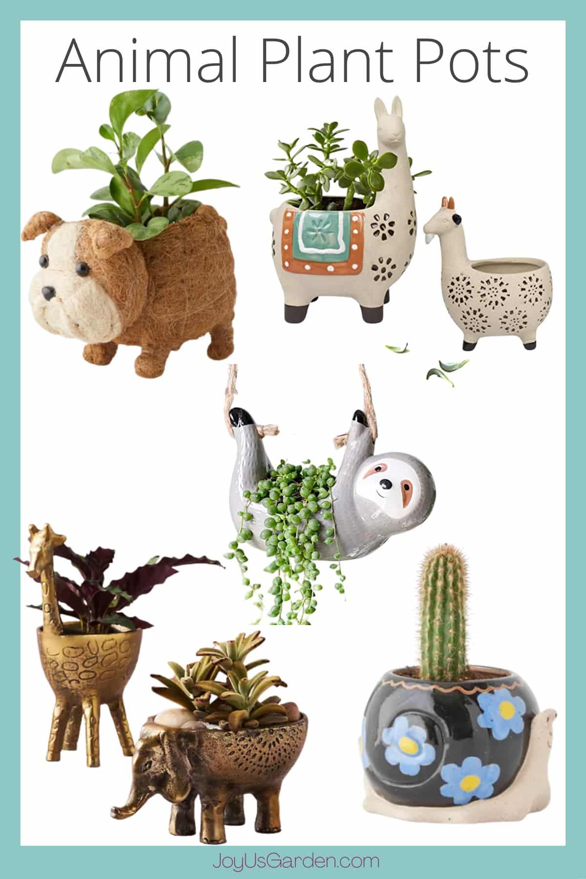 collage of a variety of animal plant pots, dog pot, llama pot, sloth pot, giraffe pot, elephant pot, and snal pot. 