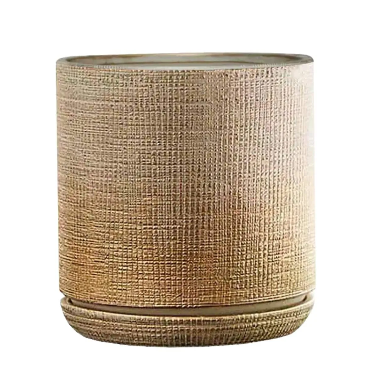 Gold ceramic indoor pot with saucer from Home Depot.