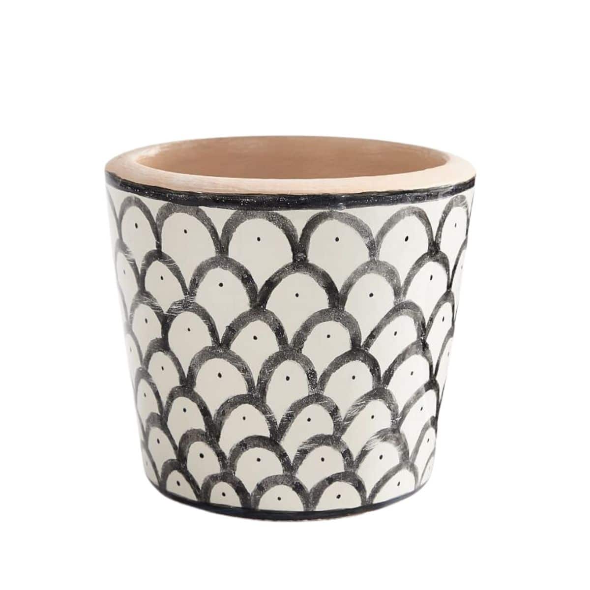 Marrakesh style Terracotta Planters with white and black scallop design from Pottery Barn. 