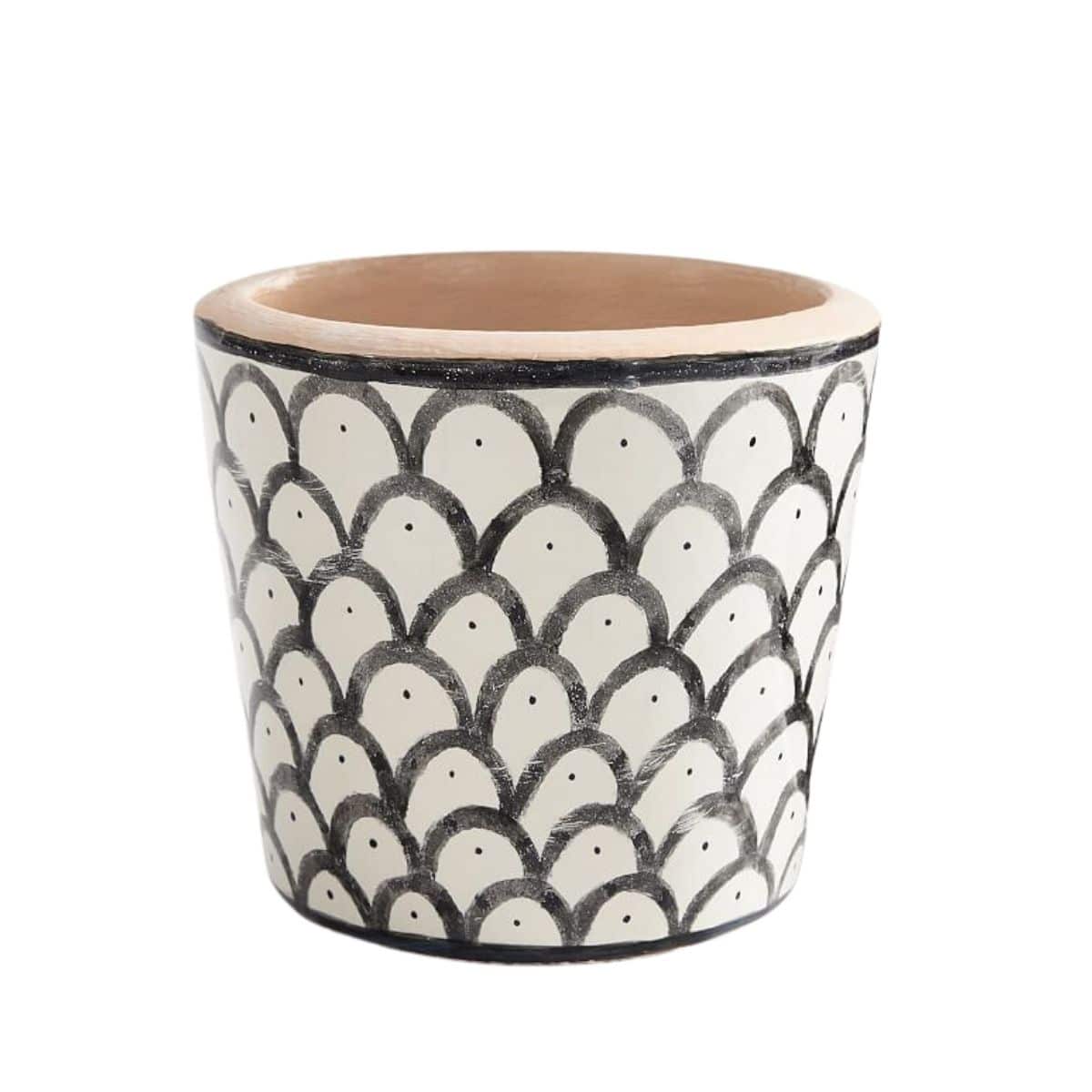 Marrakesh style Terracotta Planters with white and black scallop design from Pottery Barn.