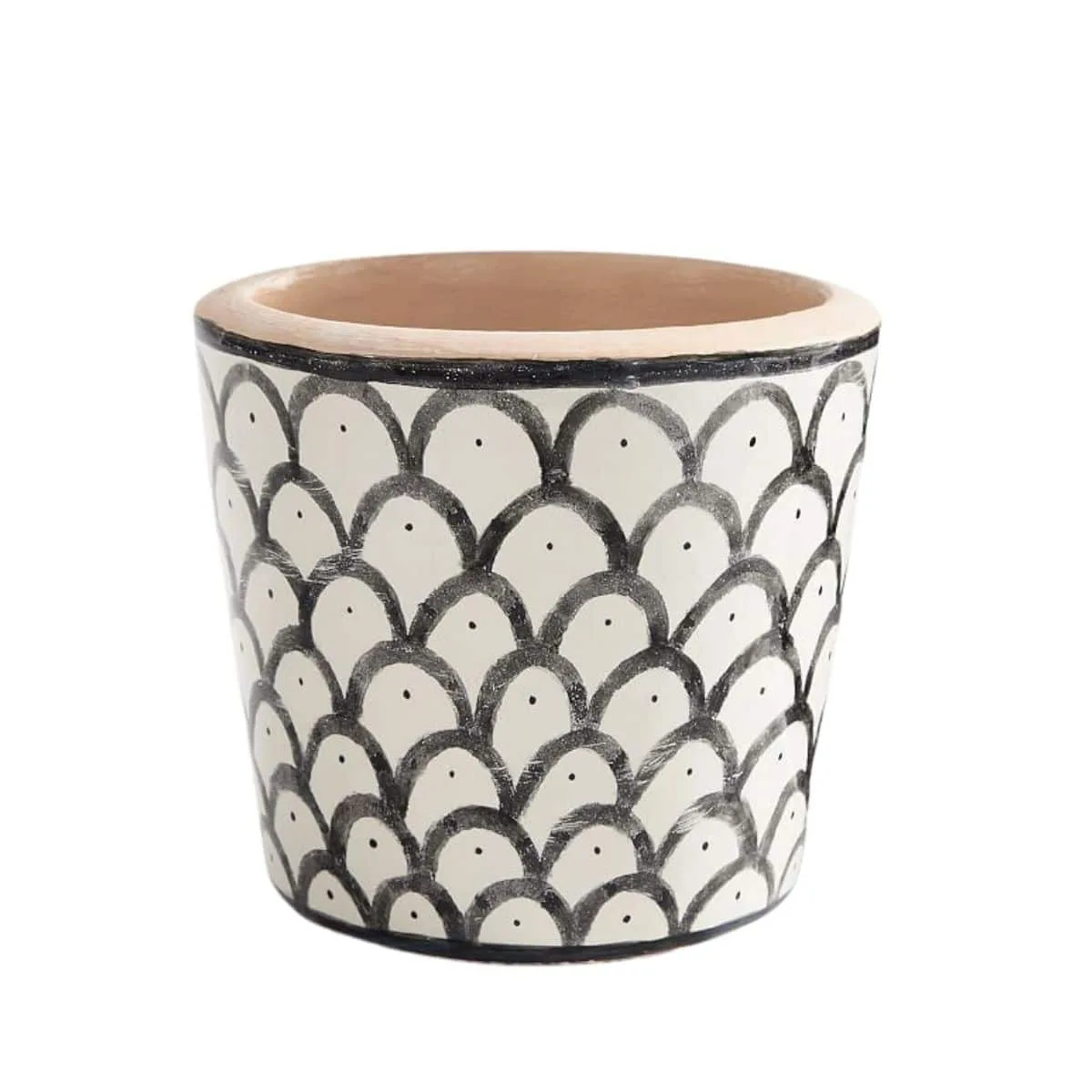 Marrakesh style Terracotta Planters with white and black scallop design from Pottery Barn.