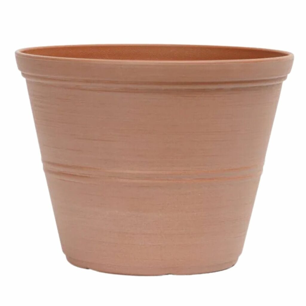 Palermo peach colored plastic terracotta style planter from Home depot.