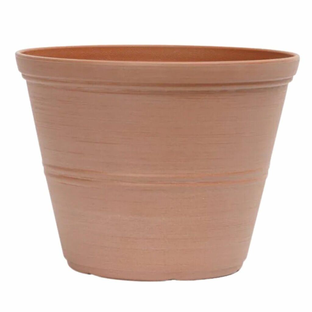 Palermo peach colored plastic terracotta style planter from Home depot. 