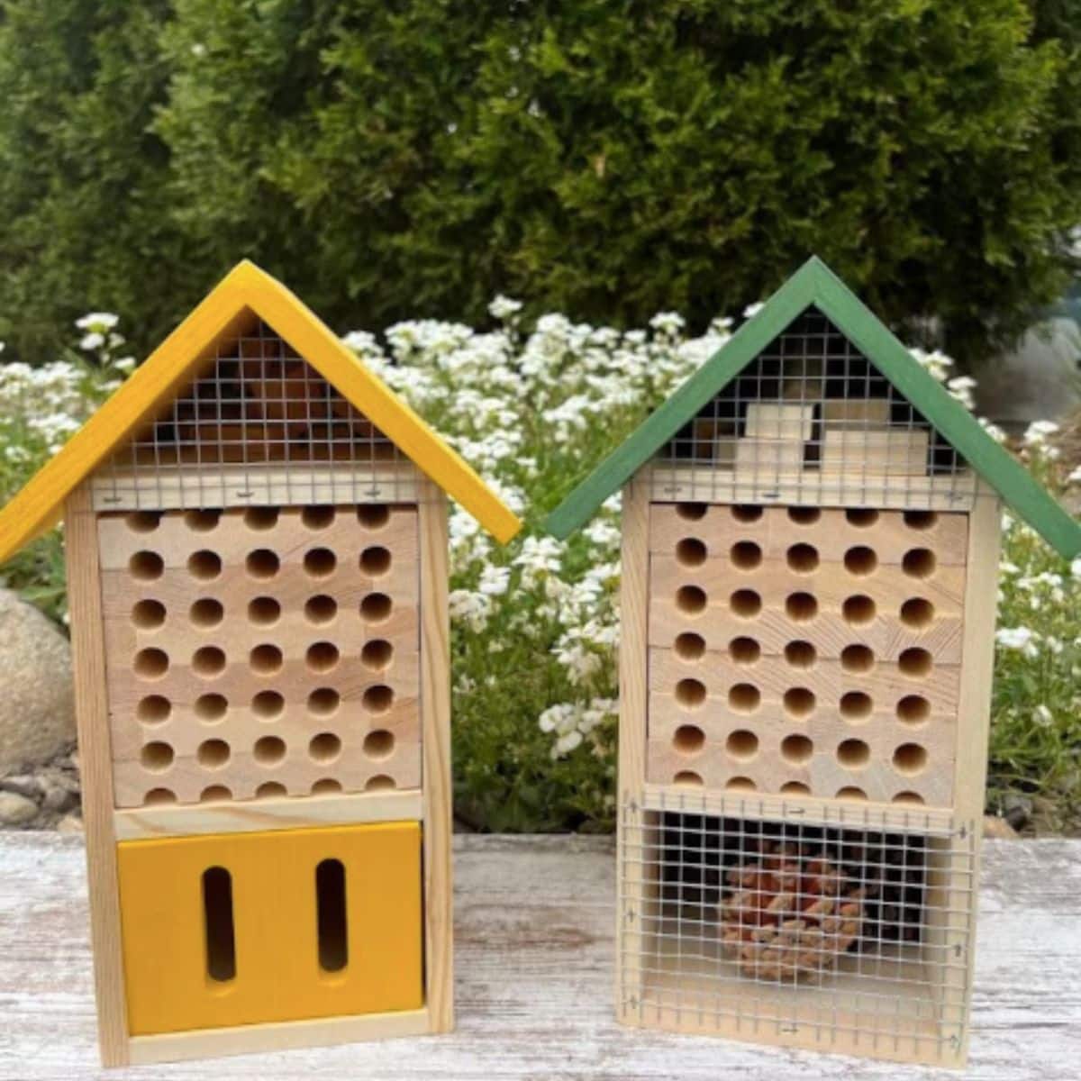 Two Bee houses shown outdoors with wildflowers growing in the background.