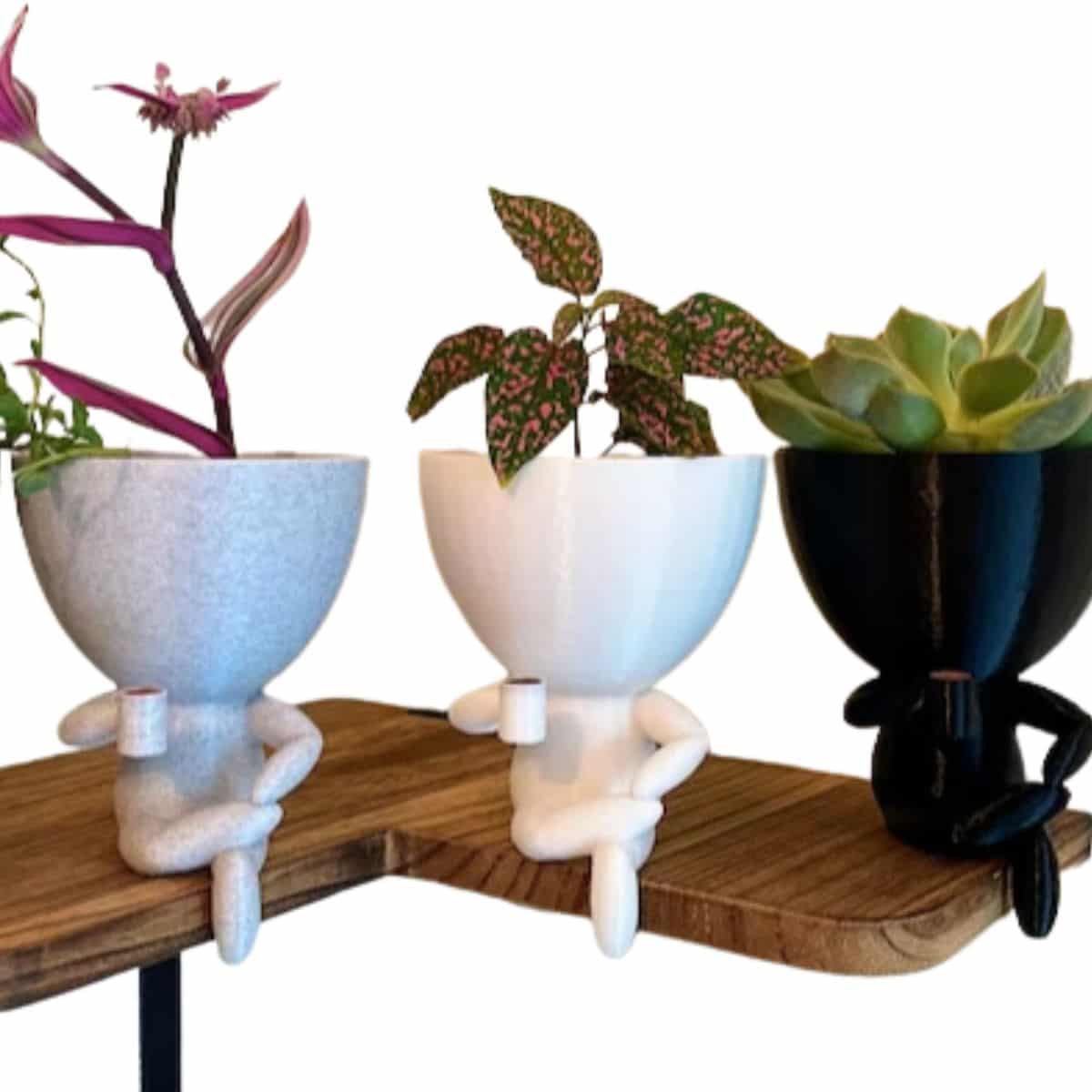 Three people planters sitting on a ledge with various plants inside from Etsy. 