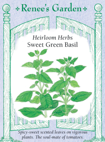 Sweet green basil herb seed packet from the vendor Renee's Garden.