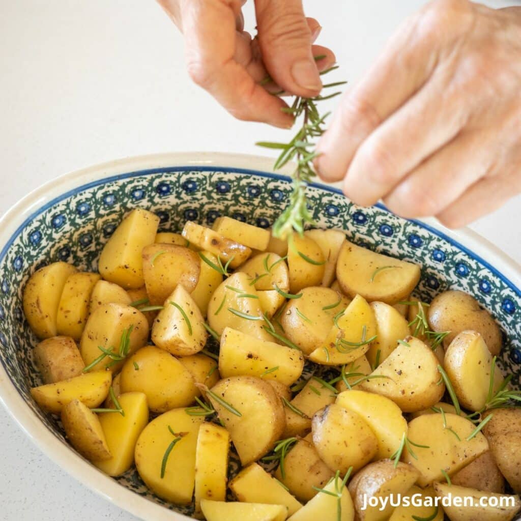 Woman's hand adds rosemary sprig to rosemary roasted potatoes in a blue bowl. 