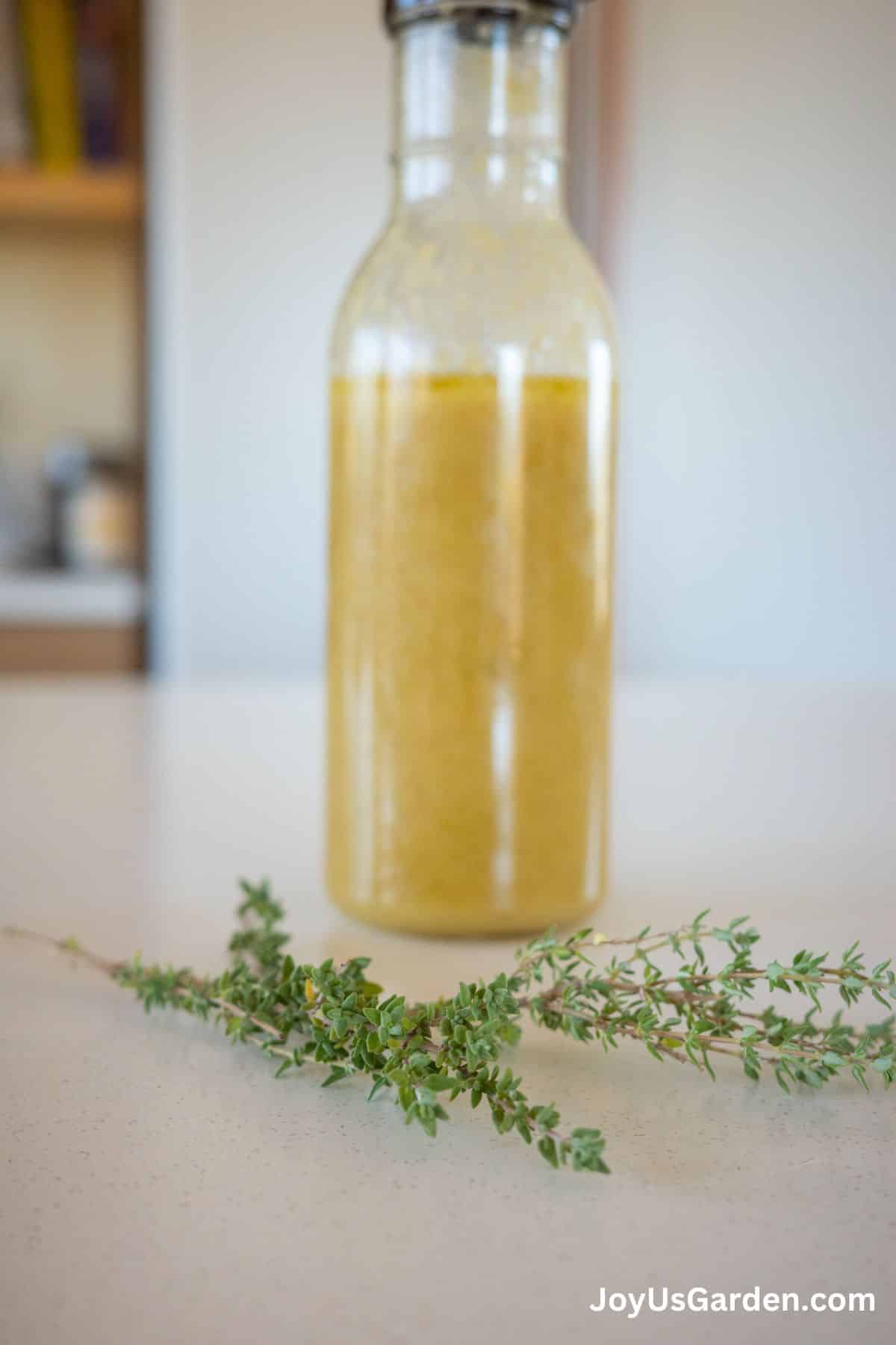 Freshly cut thyme sprigs sit atop a kitchen countertop with salad dressing in the background. 
