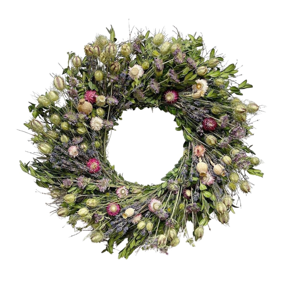 Dried Blossom Bounty Wreaths with organic flowers from Pottery Barn. 