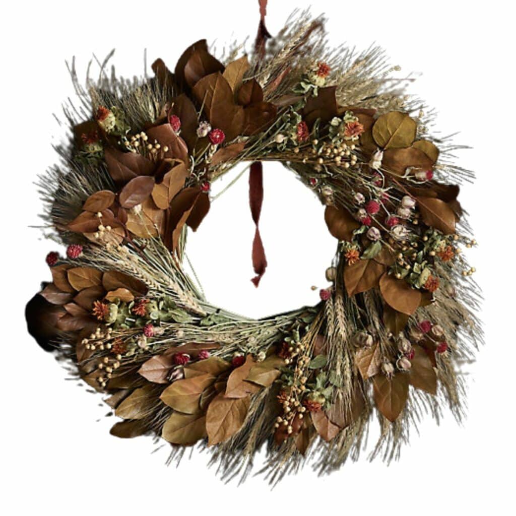 Preserved wreath is made up of wheat, salal, safflower, flax from terrain.