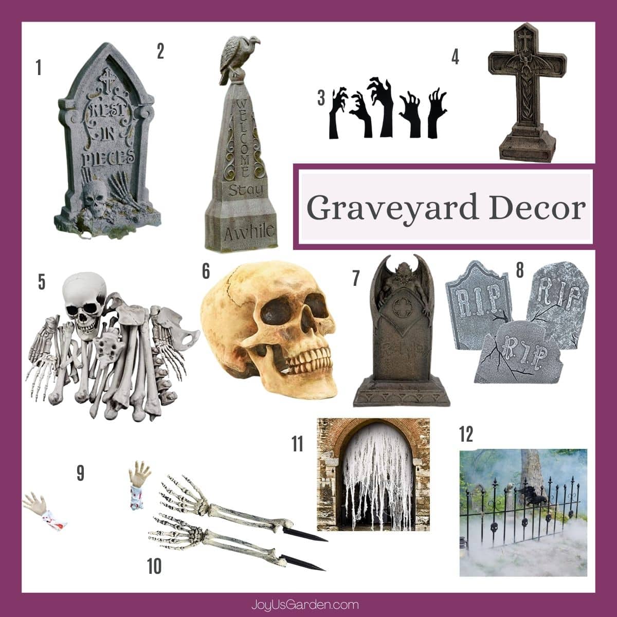 Collage of 12 different items to create spooky Halloween graveyard.