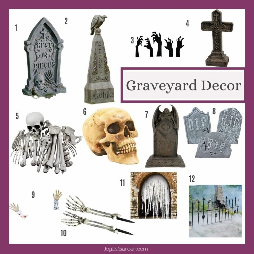 An additional collage with 12 Halloween graveyard decorations to create a haunted cemetery; tombstones, skulls, etc. 