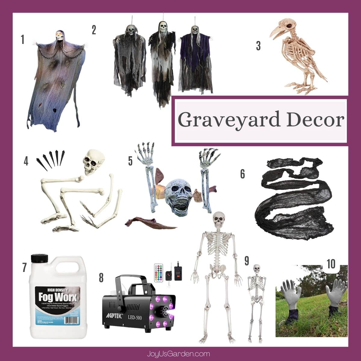 A collage with 10 Halloween graveyard decorations to create a haunted cemetery.  