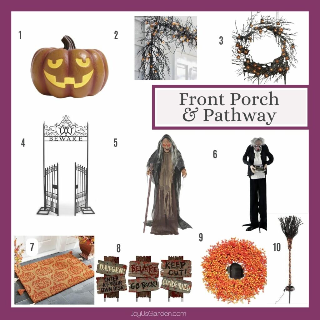 Collage of 10 different items to create a Halloween themed front porch and pathway.
