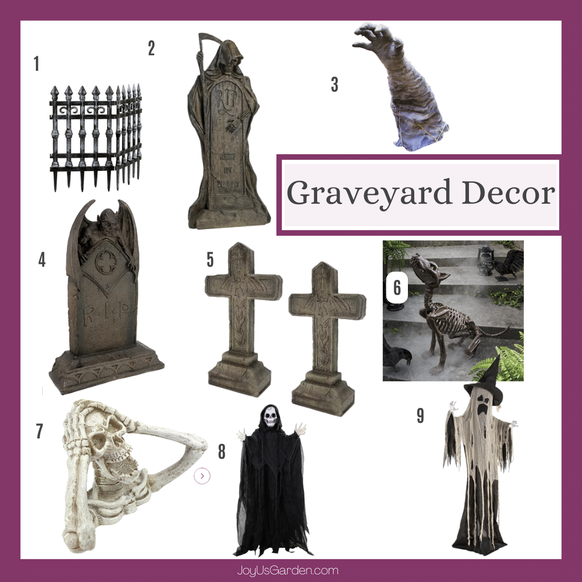 An additional collage with 9 Halloween graveyard decorations to create a haunted cemetery; tombstones, skulls, ghosts, etc. 