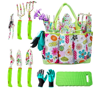 Multi tool garden set that includes shovel, trowel, pruners, and bag from amazon.