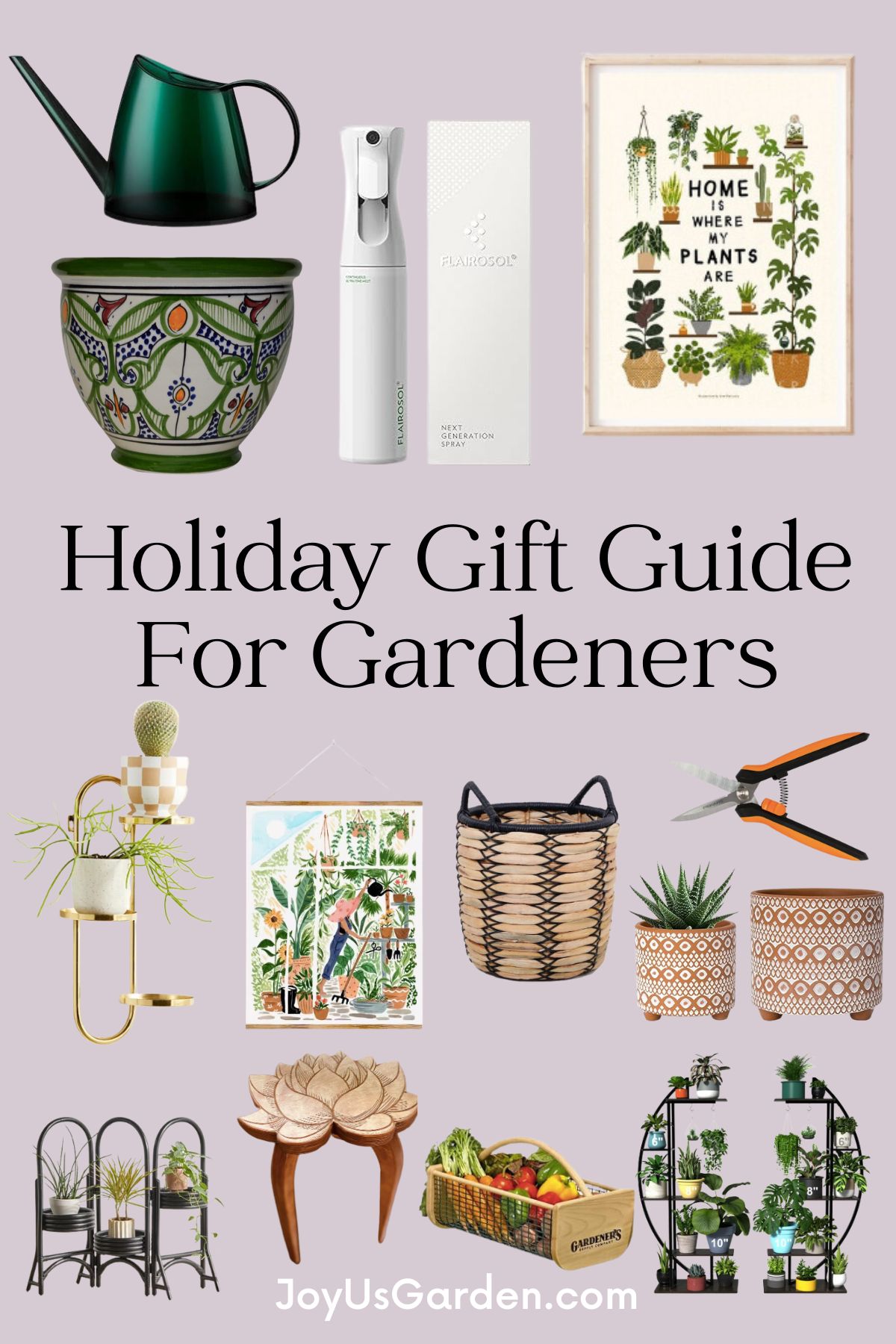 This is a collage of nine separate products that can be bought online for outdoor gardeners, indoor gardeners, and house plant lovers text reads holiday gift guide for gardeners.