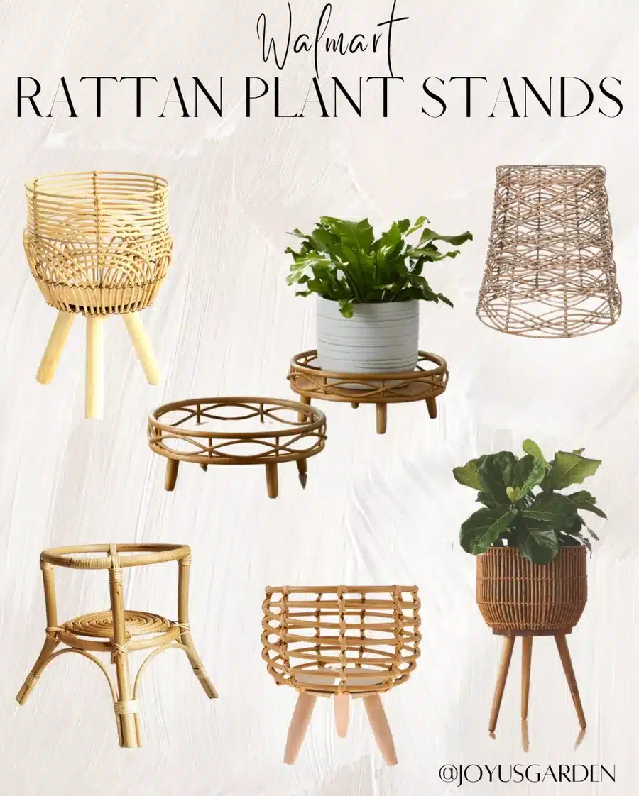 A collage displaying 6 different  rattan plant stands from Walmart.