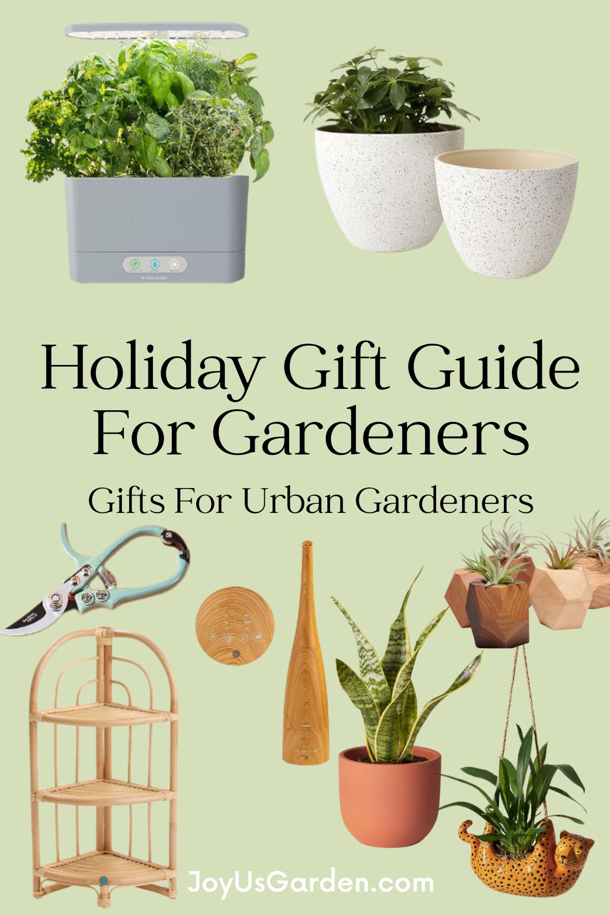 Holiday gift guide collage of products that can be purchased online for urban gardeners.