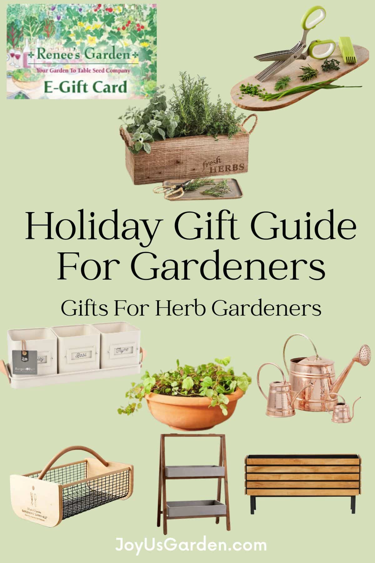 Canva collage of products that can be bought for herb gardeners.