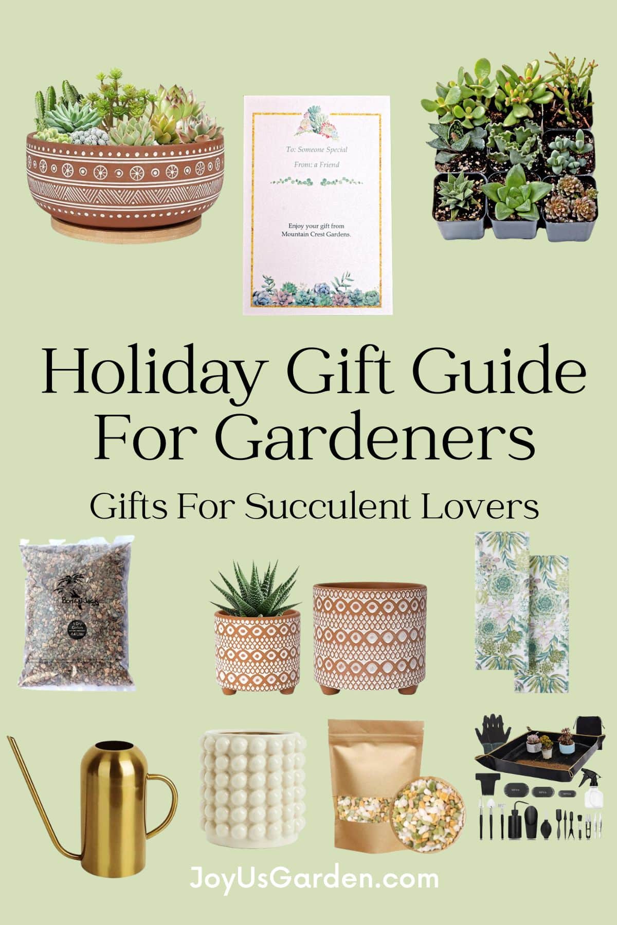 Holiday gift guide collage or products that can be bought online for succulent lovers.