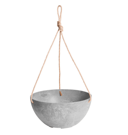 Gray hanging planter from root and vessel.