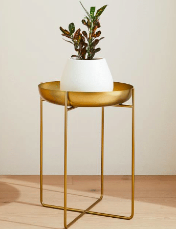 Gold metal plant stand with plant on top from west elm.