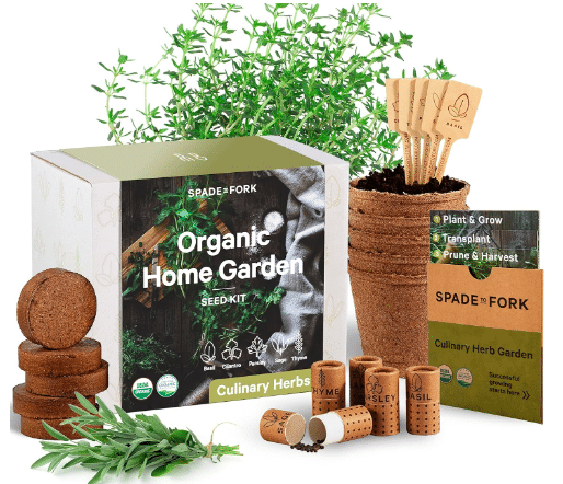 Organic herb garden kit shown with the essential herb garden tools you will need to start your own herb garden.