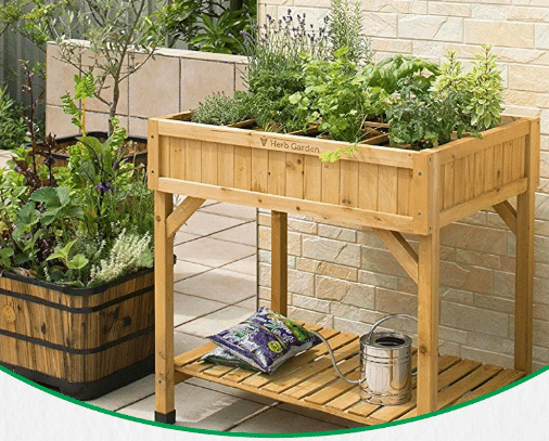 Wooden raised bed shown outdoors with plants growing inside.