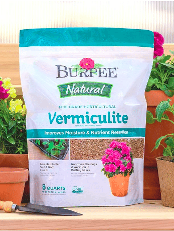 Plants on a table with a bag of Burpee Vermiculite from amazon.